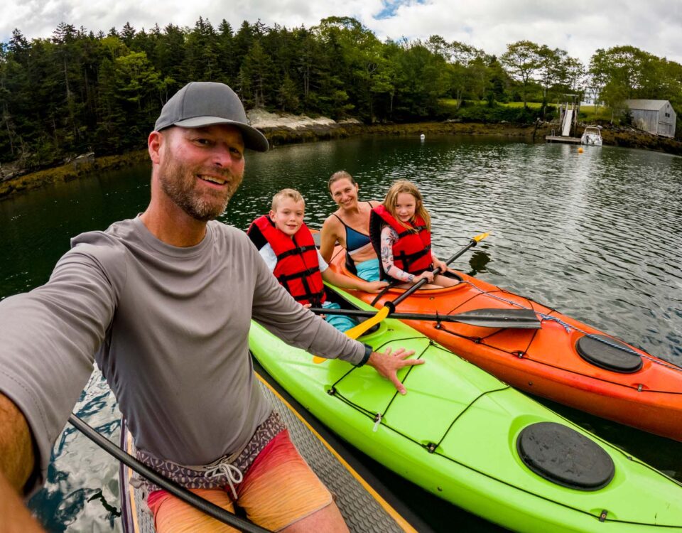 Family travel UGC selfie  Kayak boat trip together in Maine user-generated content